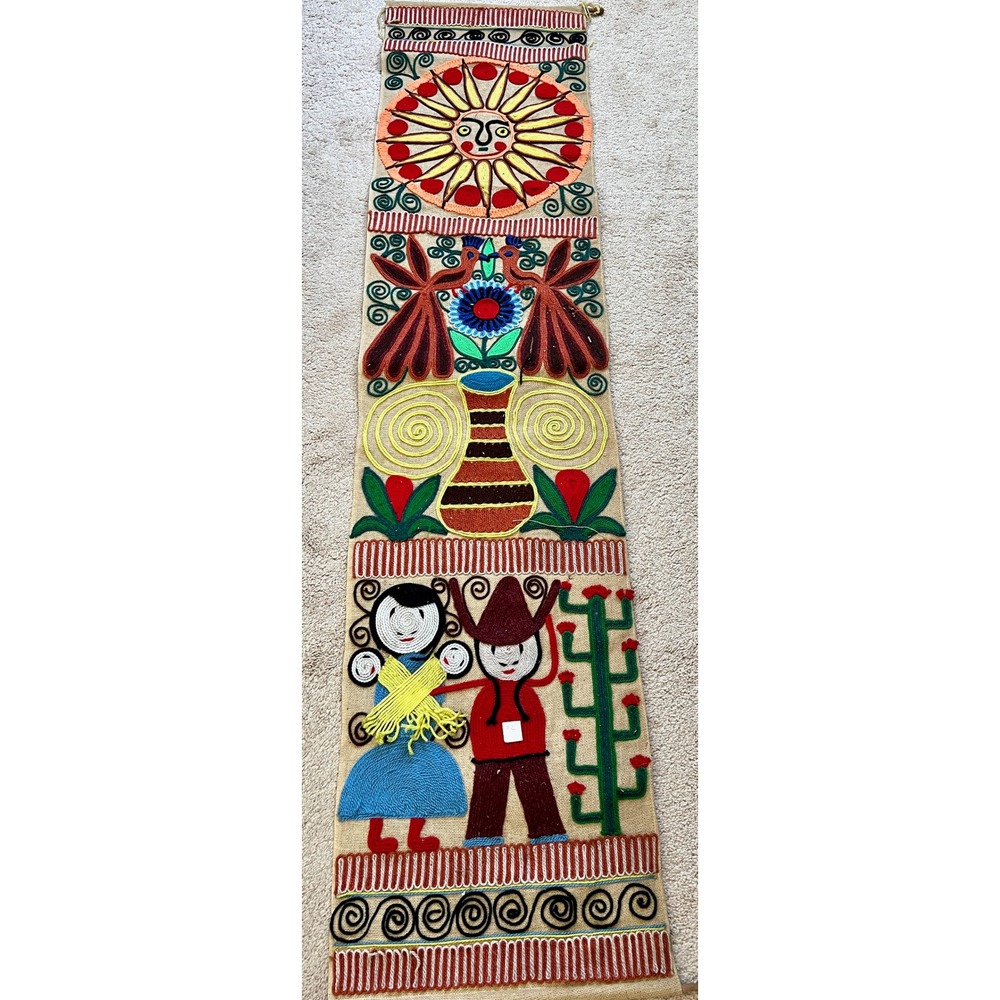 Vintage Mexican Folk Art Yarn Burlap Wall Hanging Sun Birds Cactus 72"x17"